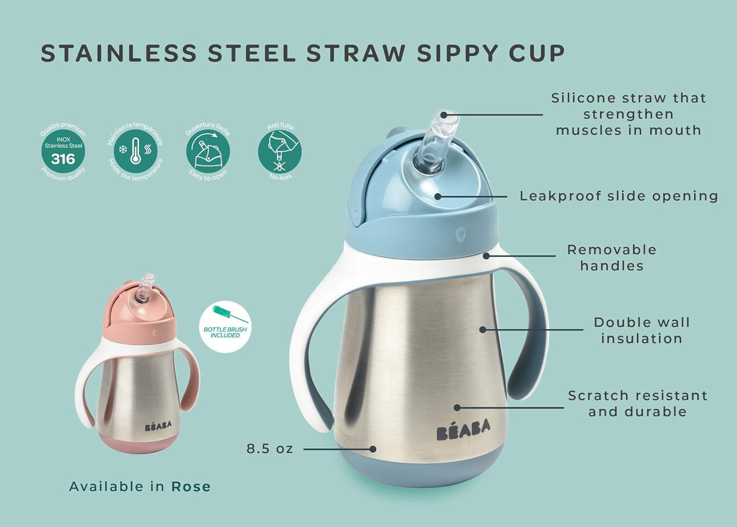 Beaba Stainless Steel Straw Cup - Windy Blue