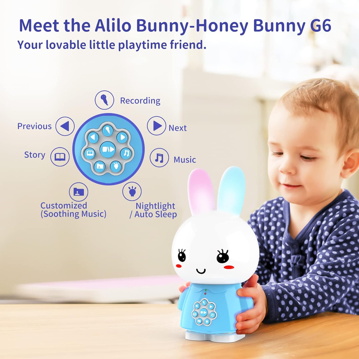 Alilo Honey Bunny Multilingual Buddy and Night Light - Blue - Laadlee