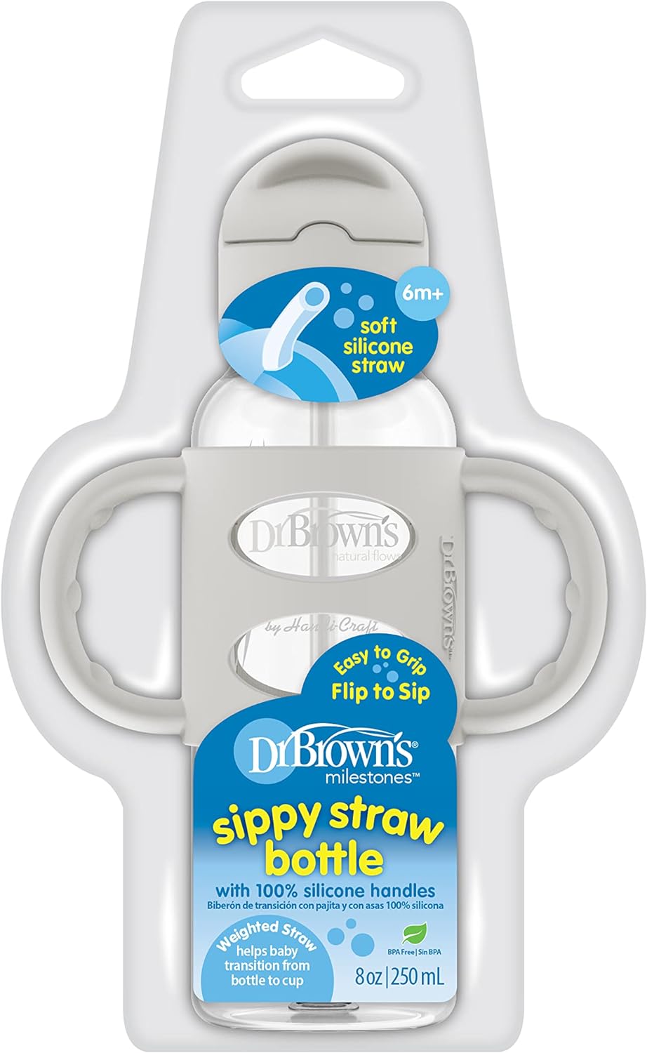 Dr. Brown's Narrow Sippy Straw Bottle with Silicone Handles - Gray - 250ml
