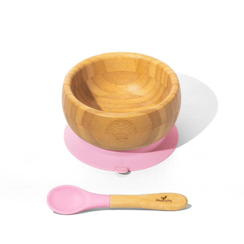 Avanchy Baby Bamboo Stay Put Suction Bowl With Spoon - Pink - Laadlee