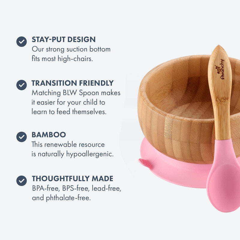 Avanchy Baby Bamboo Stay Put Suction Bowl With Spoon - Pink - Laadlee