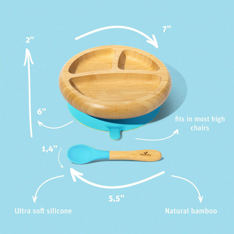 Avanchy Bamboo Suction Classic Plate With Spoon - Blue - Laadlee