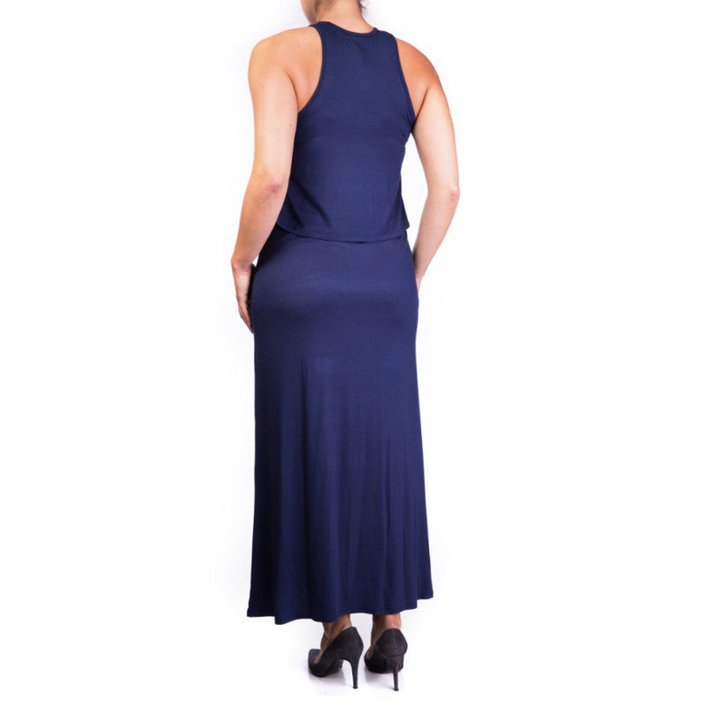 Mama Basic Double Layer Long Maternity & Nursing Dress - Navy - Laadlee