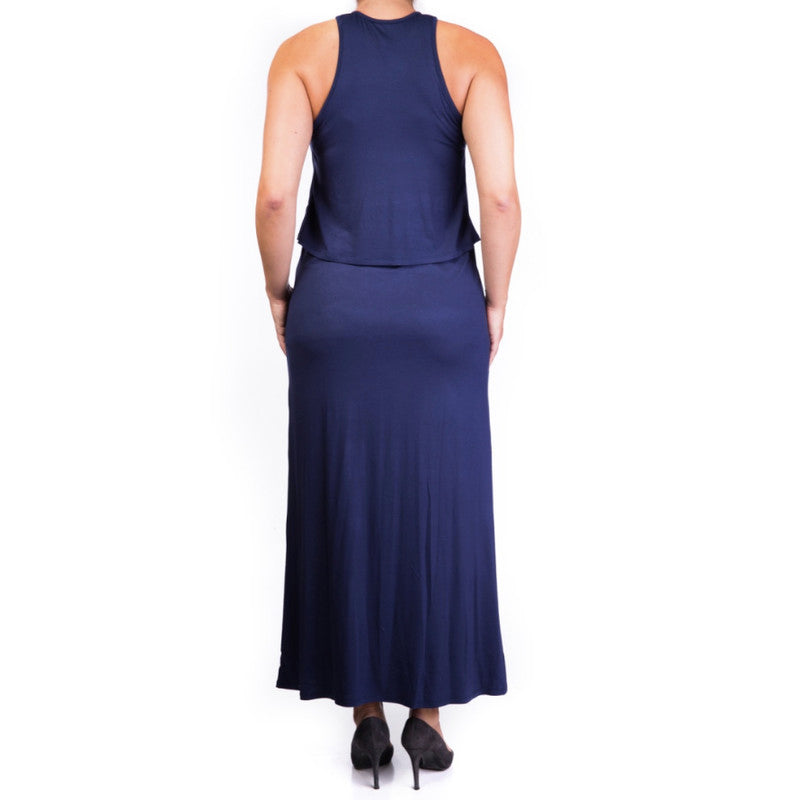 Mama Basic Double Layer Long Maternity & Nursing Dress - Navy - Laadlee