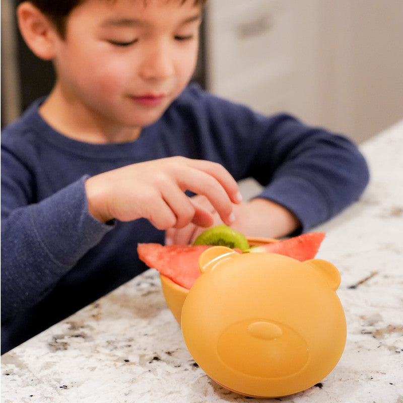Melii Silicone Bowl With Lid 350ml - Brown Bear - Laadlee