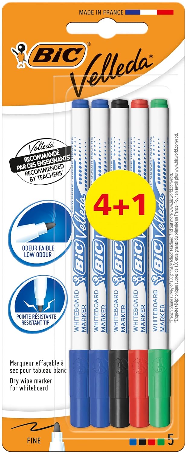 BIC Velleda Whiteboard Pens Fine Bullet Nib - Assorted Colours  - Pack of 4+1