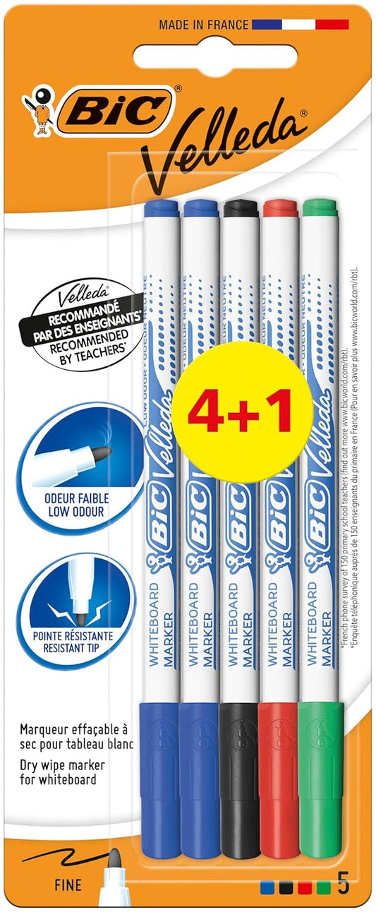 BIC Velleda Whiteboard Pens Fine Bullet Nib - Assorted Colours  - Pack of 4+1