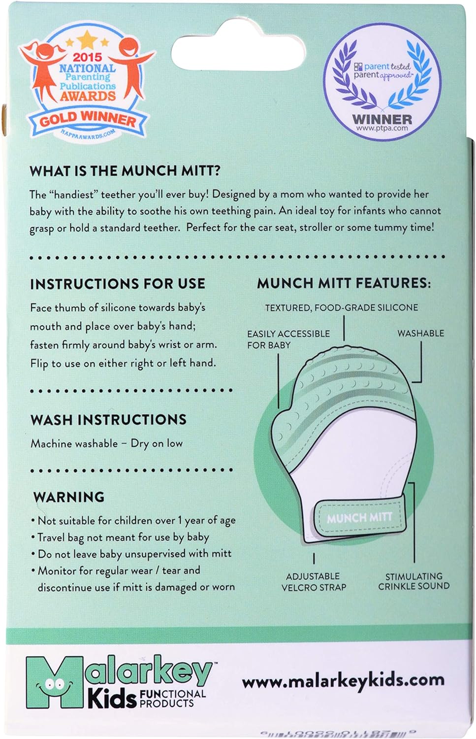 Malarkey Kids Munch Mitt Teething Mitten Triangles - Mint Green - Laadlee