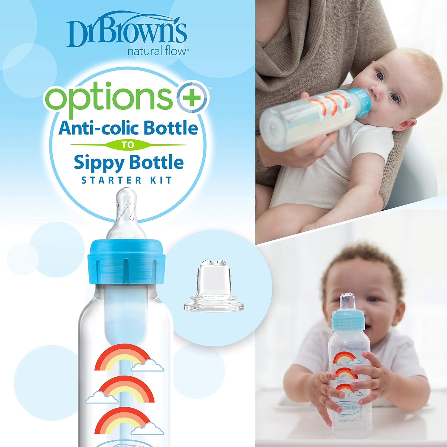 Dr. Brown's PP Narrow Options+ Bottle To Sippy Starter Kit 250ml - Blue Rainbows - Laadlee