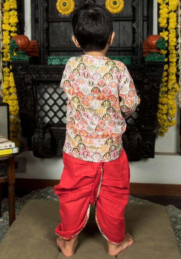 Polka Tots Full Sleeves Floral Print Baby Angrakha with Dhoti - Red