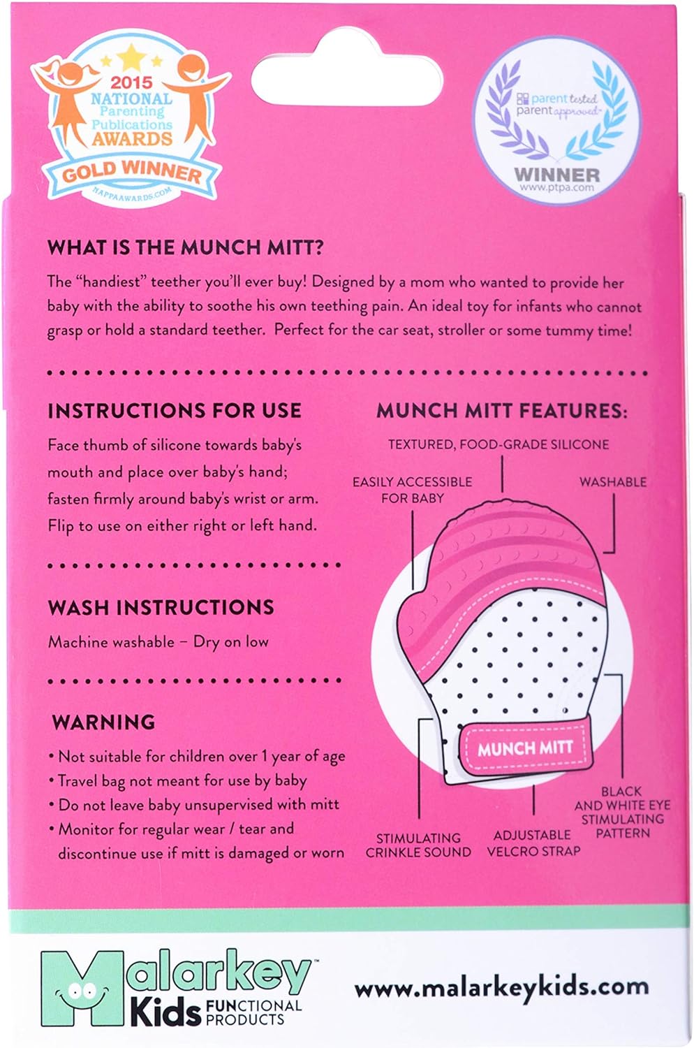 Malarkey Kids Munch Mitt Teething Mitten Polka Dots - Pink - Laadlee
