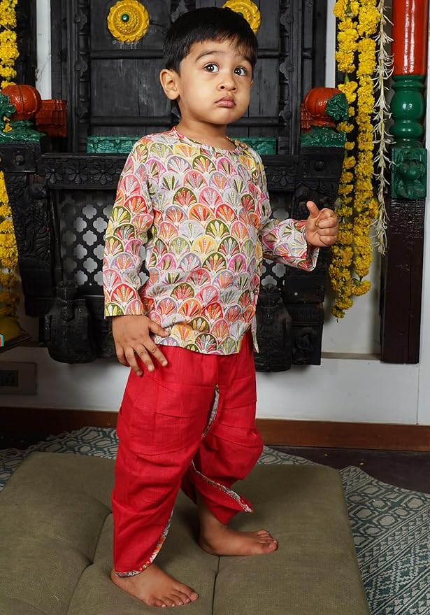 Polka Tots Full Sleeves Floral Print Angrakha with Dhoti - Red