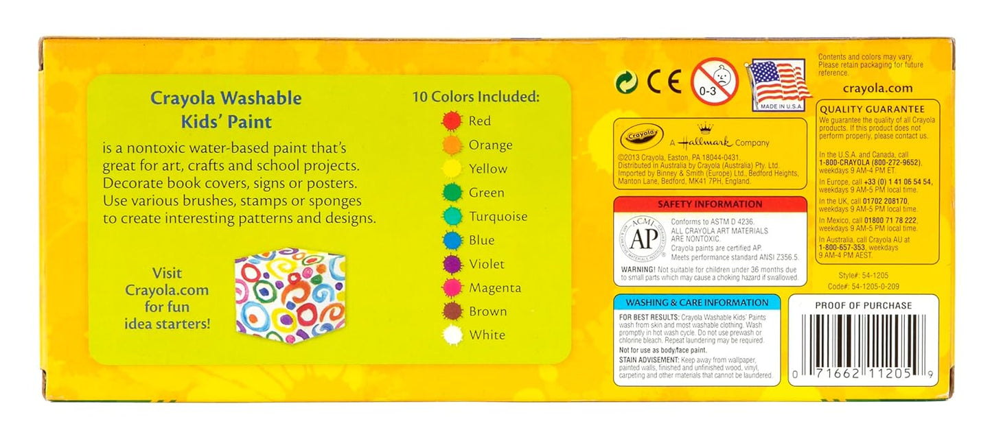 Crayola Classic Clean & Bright Washable Kids Paints - Pack of 10 - Laadlee