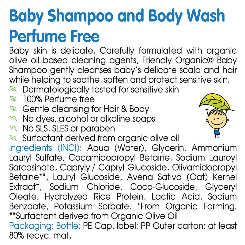 Friendly Organic Perfume Free Baby Shampoo & Body Wash - 400ml - Laadlee
