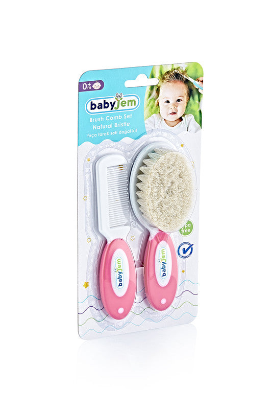 Babyjem Brush & Comb Set with Natural Bristle - Pink