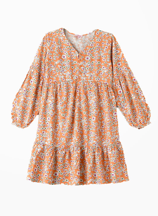 Jelliene Girls Floral Dress with Long Sleeves - Orange