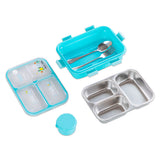 Nova Kids Stainless Steel 3 Compartment Bento Lunch Box With Water Bottle, Spoon & Fork Set - Blue