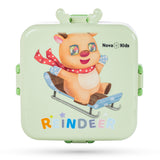 Nova Kids Stainless Steel 3 Compartment Bento Lunch Box With Water Bottle, Spoon and Sauce Box - Reindeer Green