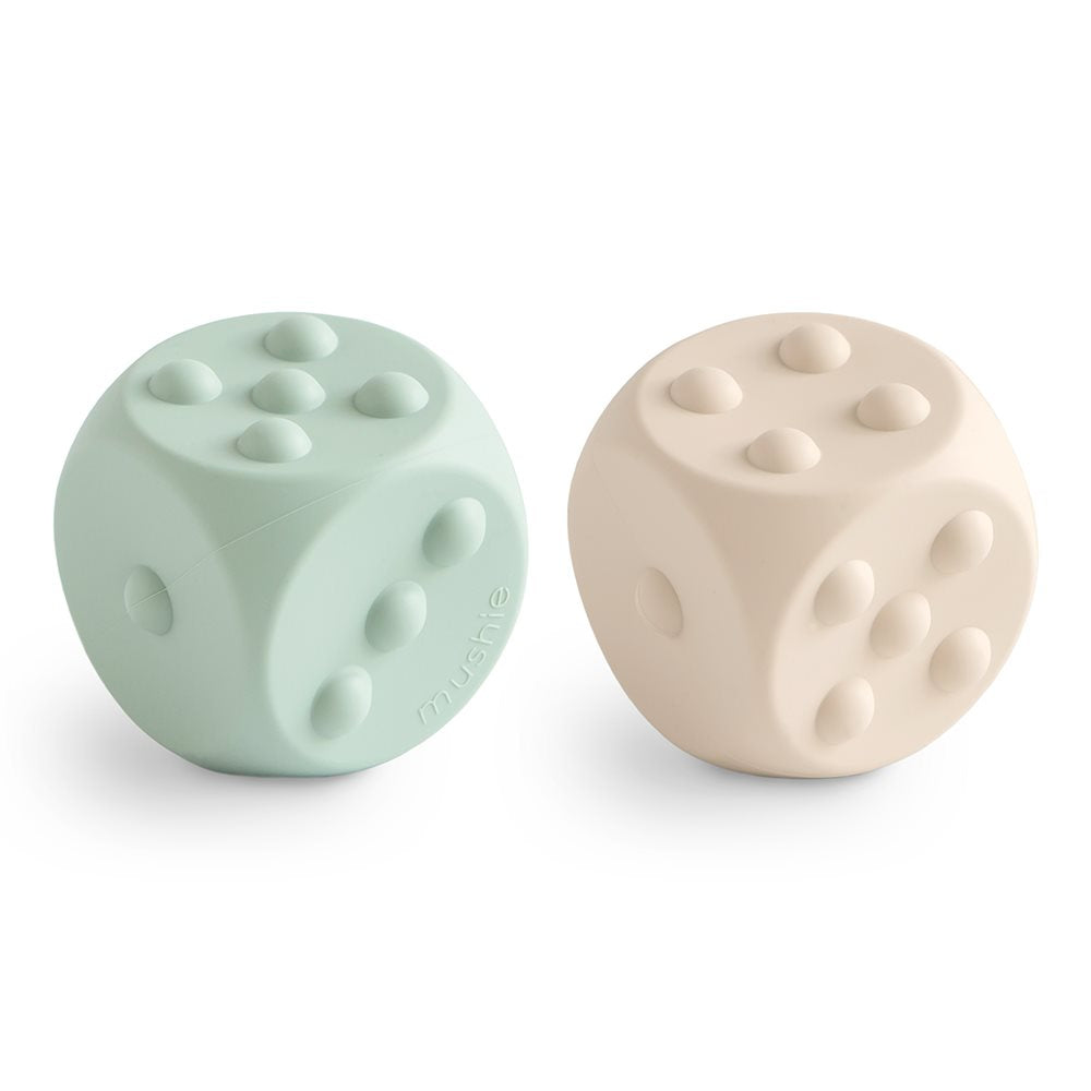 Mushie Dice Press Toy (set of 2) Cambridge Blue/Shifting Sands - Laadlee
