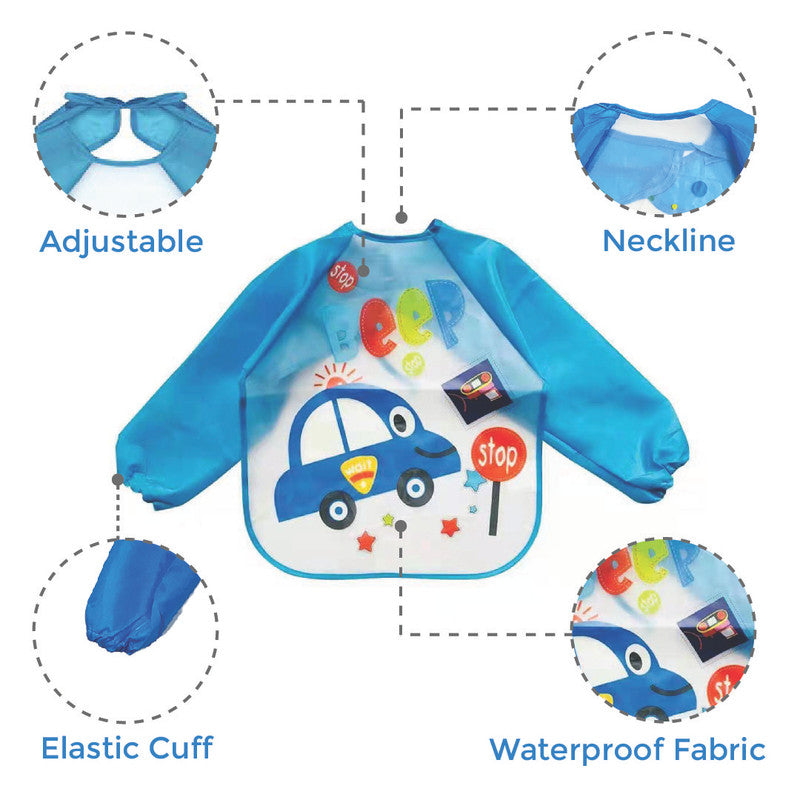 Polka Tots Full Sleeves Waterproof Apron Feeding Bib - Car - Laadlee