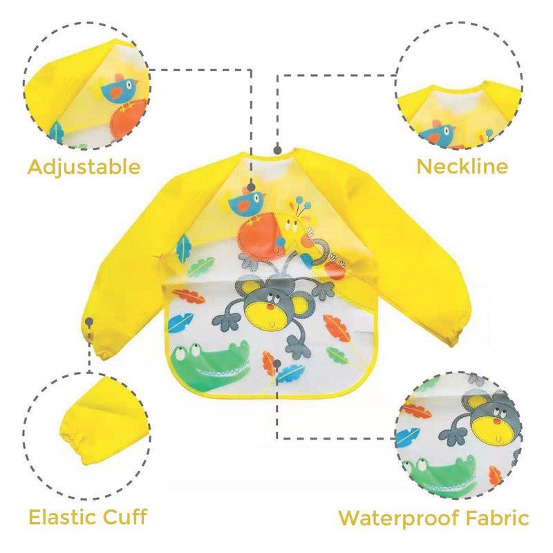 Polka Tots Full Sleeves Waterproof Apron Feeding Bib - Monkey