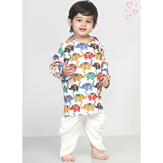 Polka Tots Full Sleeves Elephant Angrakha Top With Dhoti  - Colorful