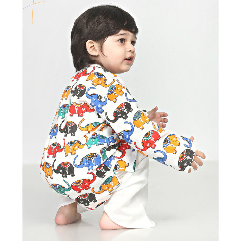 Polka Tots Full Sleeves Elephant Baby Angrakha Top With Dhoti  - Colorful - Laadlee