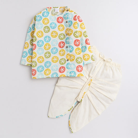 Polka Tots Full Sleeves Star Print Baby Angrakha Top With Piping Dhoti - Cream
