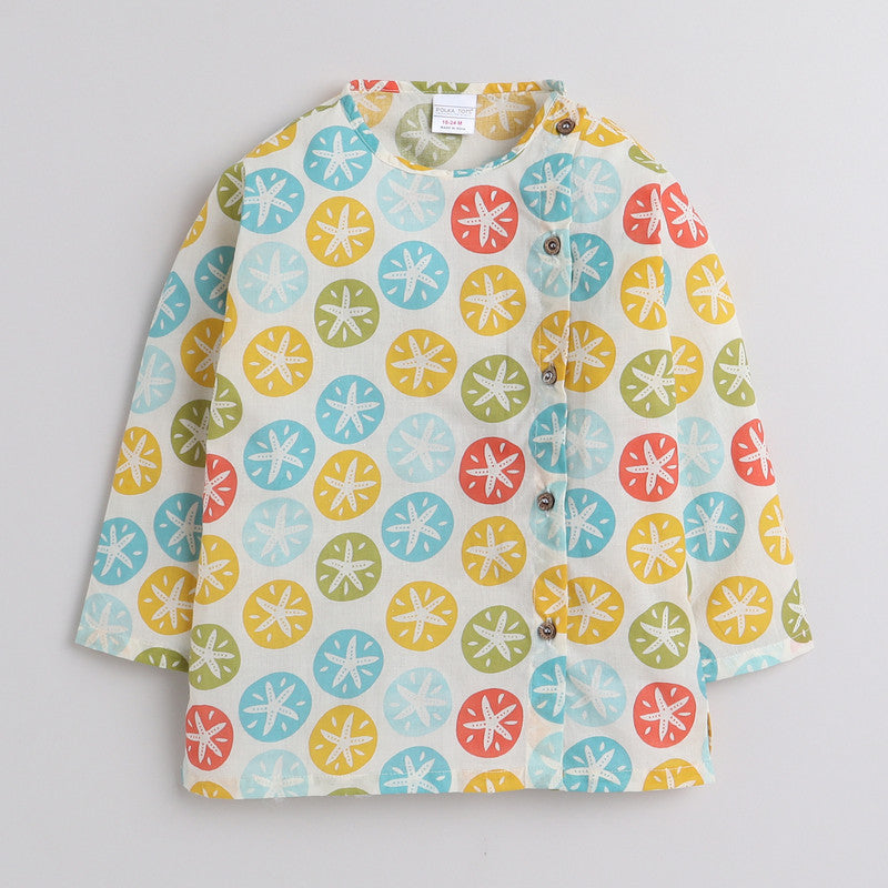 Polka Tots Full Sleeves Star Print Baby Angrakha Top With Piping Dhoti - Cream - Laadlee