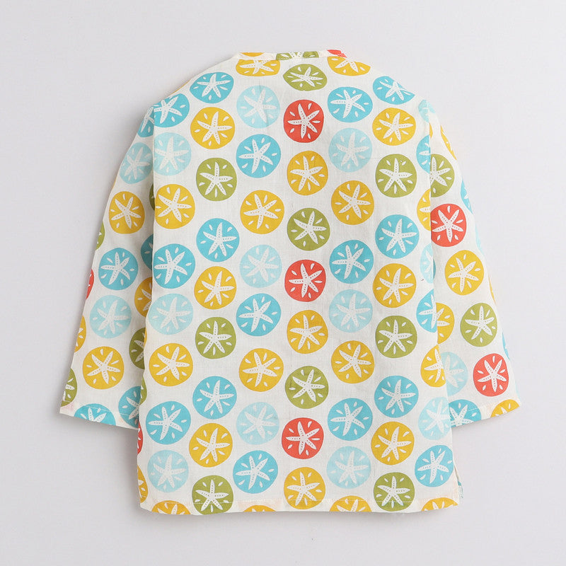 Polka Tots Full Sleeves Star Print Baby Angrakha Top With Piping Dhoti - Cream - Laadlee