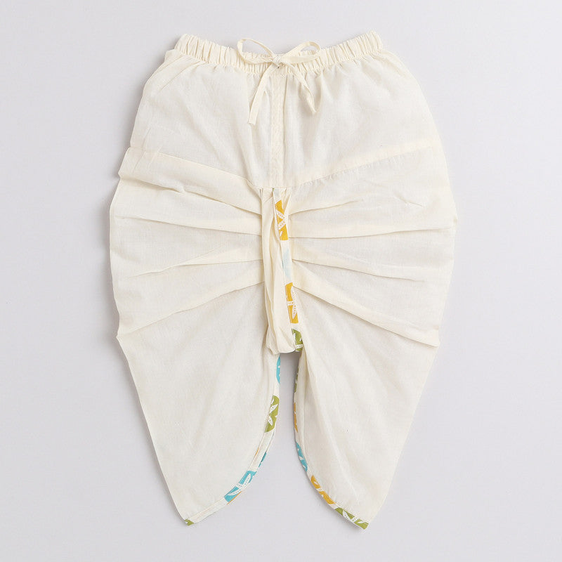 Polka Tots Full Sleeves Star Print Baby Angrakha Top With Piping Dhoti - Cream - Laadlee