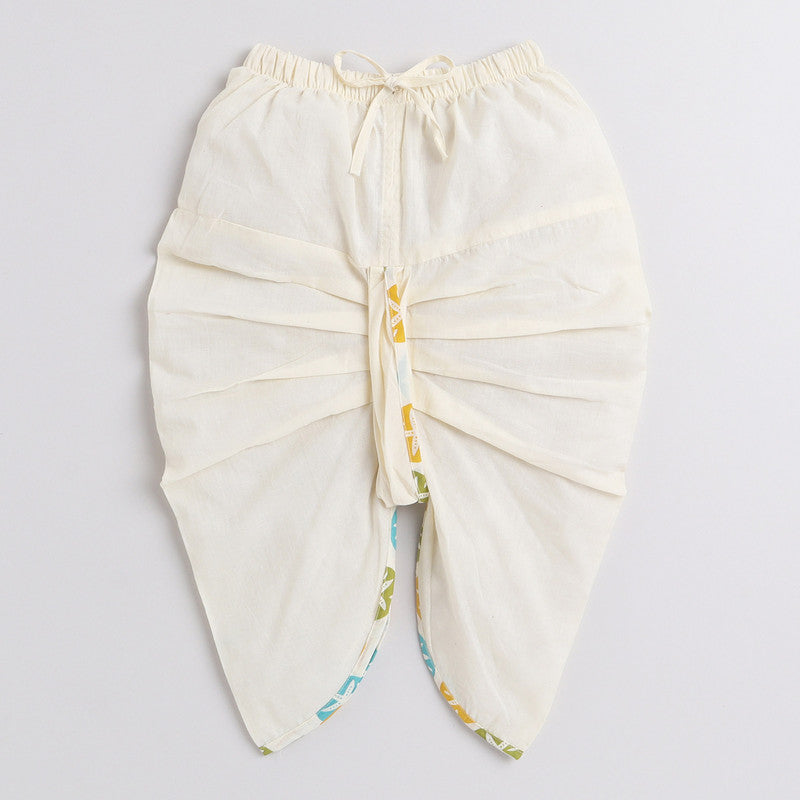 Polka Tots Full Sleeves Star Print Angrakha Top With Piping Dhoti - Cream - Laadlee