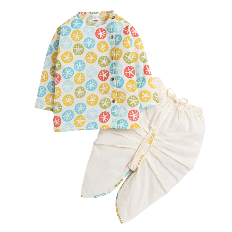 Polka Tots Full Sleeves Star Print Angrakha Top With Piping Dhoti - Cream - Laadlee