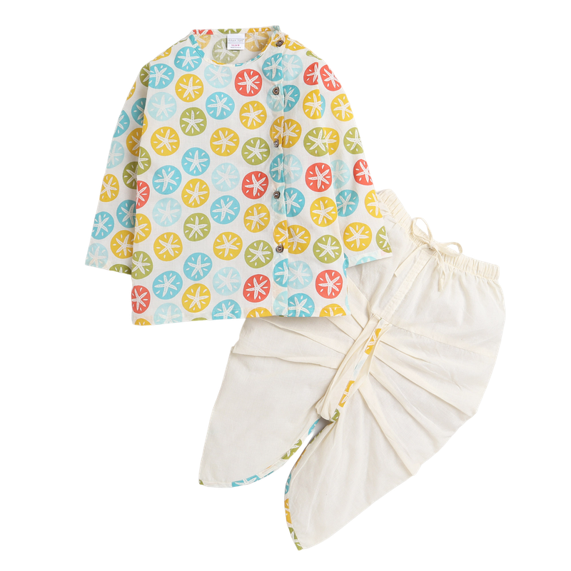 Polka Tots Full Sleeves Star Print Angrakha Top With Piping Dhoti - Cream
