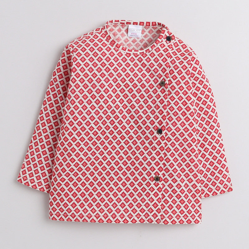 Polka Tots Full Sleeves Small Square Print Angrakha With Piping Dhoti - Cream - Laadlee