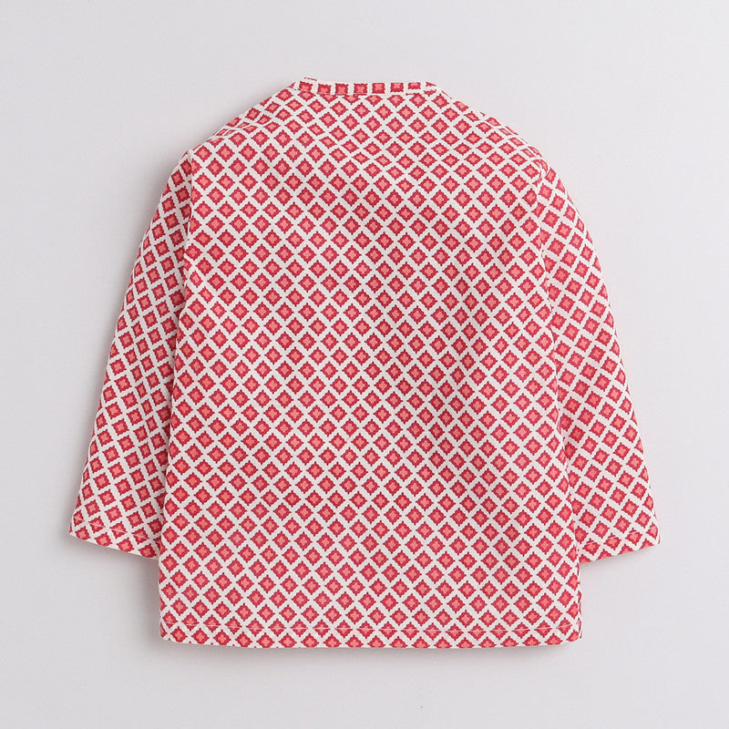 Polka Tots Full Sleeves Small Square Print Baby Angrakha With Piping Dhoti - Cream - Laadlee