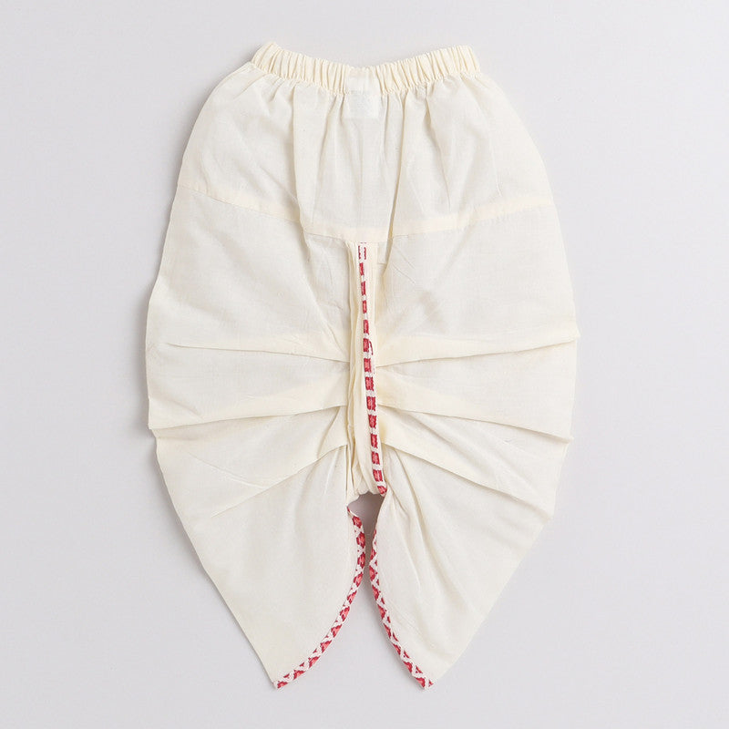 Polka Tots Full Sleeves Small Square Print Baby Angrakha With Piping Dhoti - Cream - Laadlee