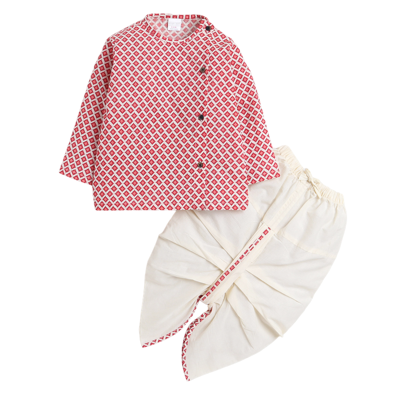 Polka Tots Full Sleeves Small Square Print Angrakha With Piping Dhoti - Cream - Laadlee