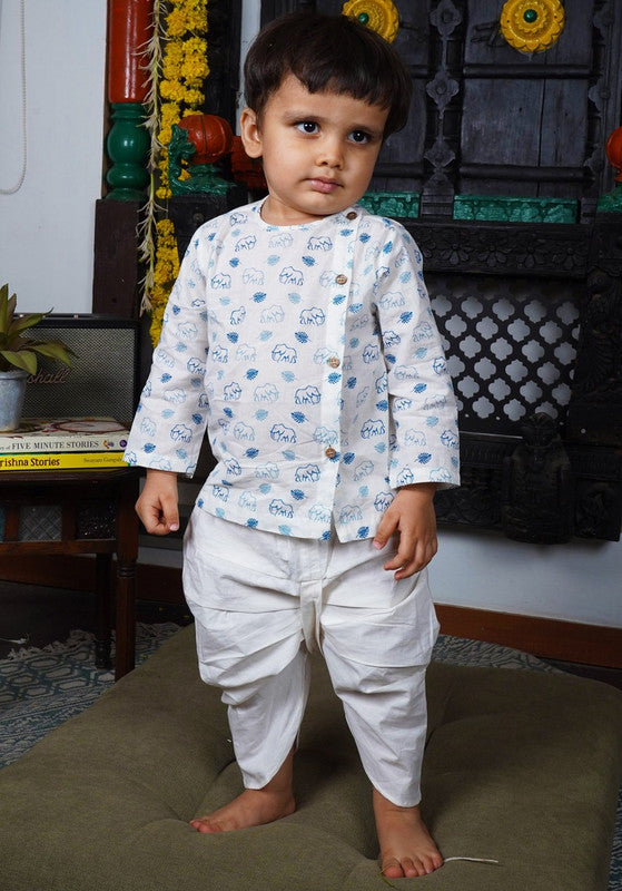 Polka Tots Full Sleeves Elephant Print Baby Angrakha with Dhoti - White & Blue