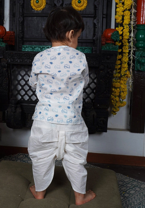Polka Tots Full Sleeves Elephant Print Baby Angrakha with Dhoti - White & Blue - Laadlee