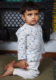 Polka Tots Full Sleeves Elephant Print Baby Angrakha with Dhoti - White & Blue - Laadlee