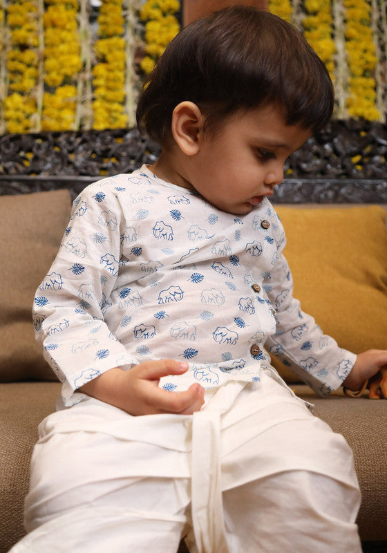 Polka Tots Full Sleeves Elephant Print Angrakha with Dhoti - White & Blue - Laadlee