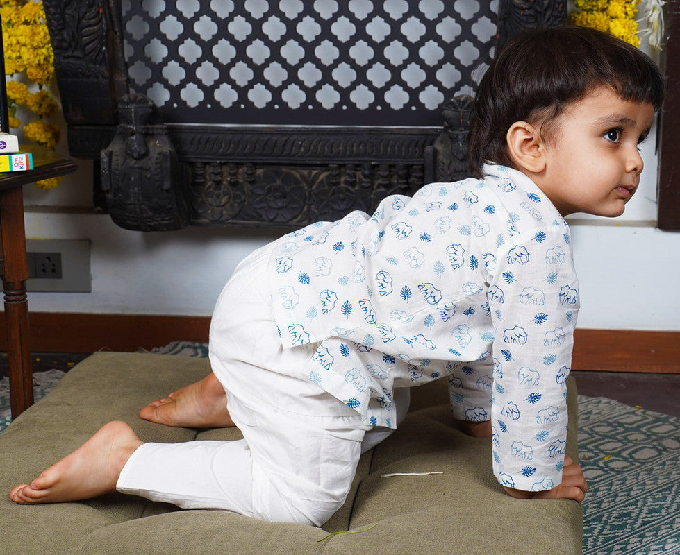 Polka Tots Full Sleeves Elephant Print Angrakha with Dhoti - White & Blue - Laadlee
