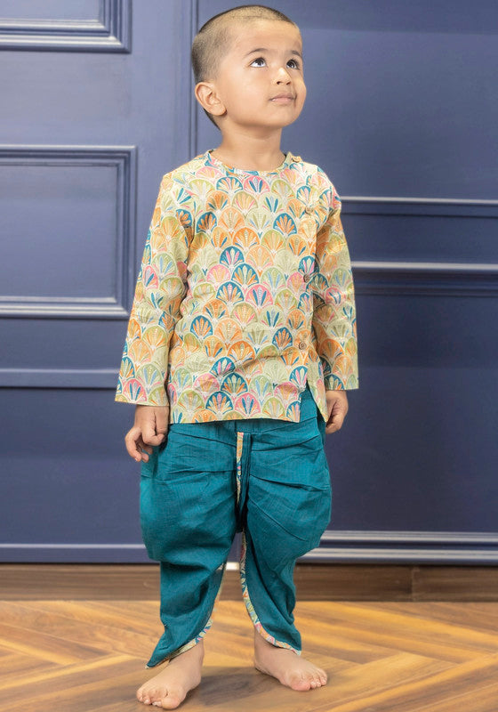 Polka Tots Full Sleeves Floral Print Baby Angrakha with Dhoti - Blue - Laadlee