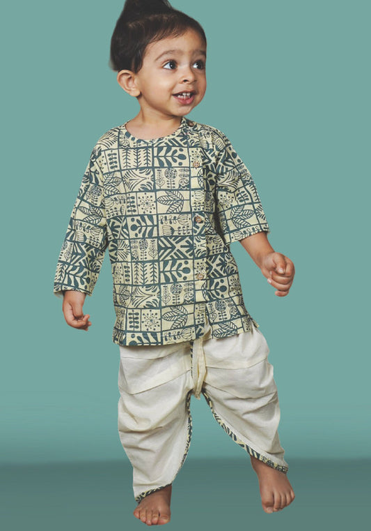 Polka Tots Full Sleeves Geometric Print Baby Angrakha Top With Dhoti - Cream & Grey