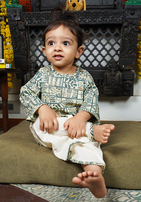 Polka Tots Full Sleeves Geometric Print Angrakha Top With Dhoti - Cream & Grey - Laadlee