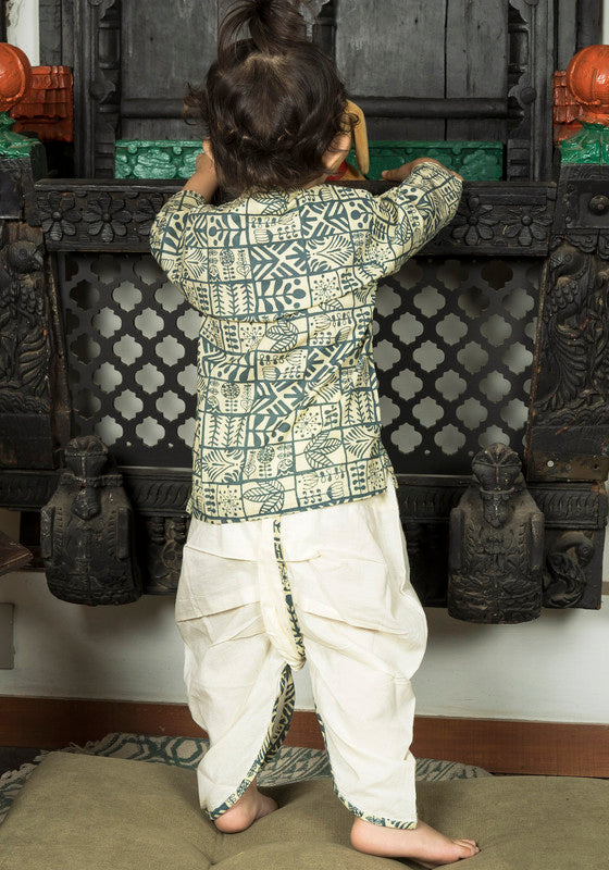 Polka Tots Full Sleeves Geometric Print Angrakha Top With Dhoti - Cream & Grey - Laadlee