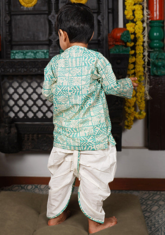Polka Tots Full Sleeves Geometric Print Angrakha Top With Dhoti - Cream & Green