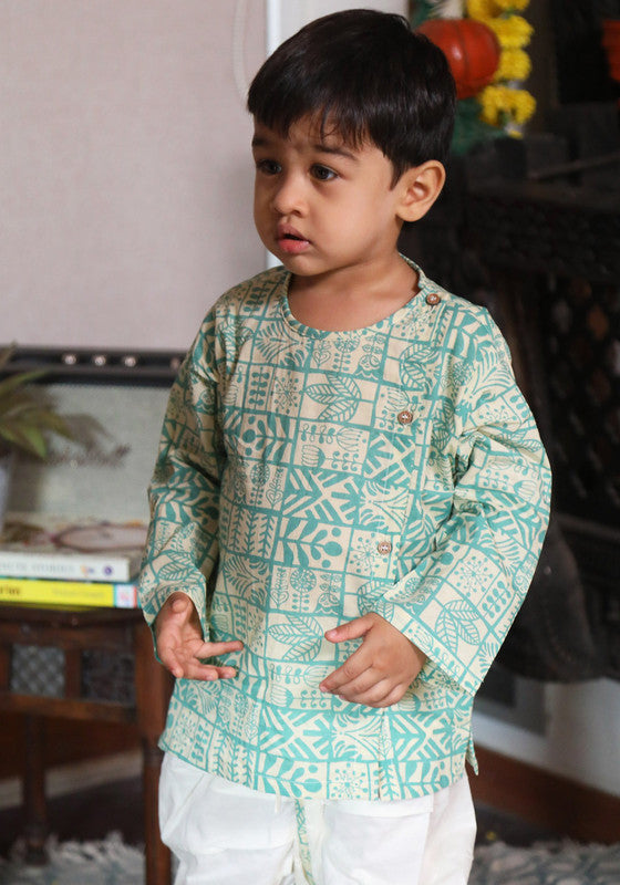 Polka Tots Full Sleeves Geometric Print Baby Angrakha Top With Dhoti - Cream & Green - Laadlee