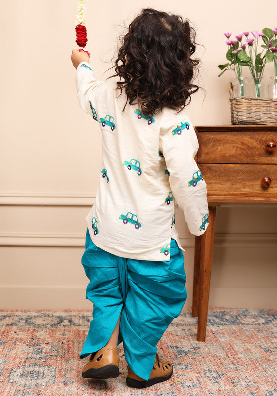 Polka Tots Full Sleeves Car Embroidery Angrakha Top With Dhoti - Cream - Laadlee